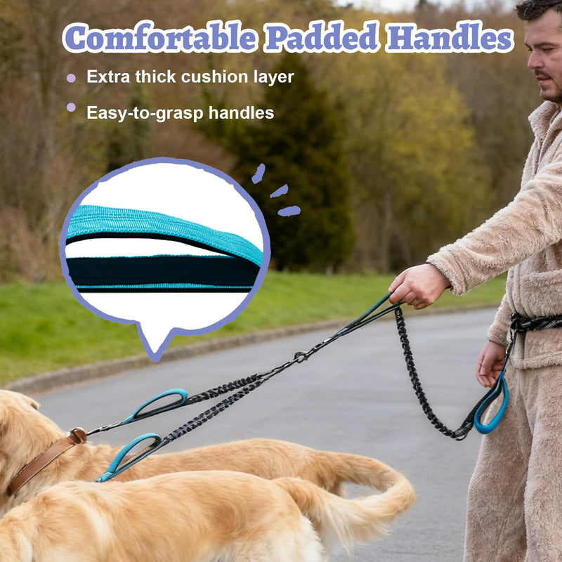 Hands Free Double Dog Leash for Two Dogs- No Tangle No Pull Dual Leash with Padded Adjustable Waist Belt & Reflective Stitching - Ideal for Running, Jogging, Hiking with Medium & Large Breeds Blue - BeesActive Australia