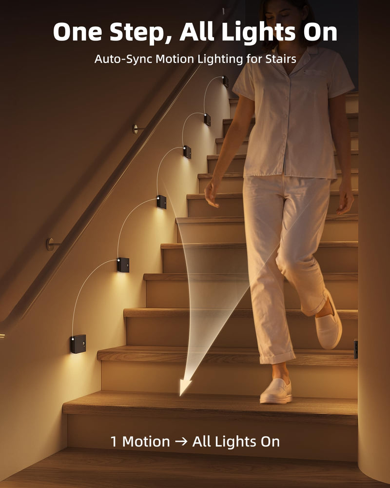 EZVALO 6 Pack Motion Sensor Night Lights with Charging Station, Sync LED Stair Lights Indoor, 1500mAh Rechargeable, Magnetic & Dimmable, 3000K Soft White, Portable Nightlight for Hallway (Black) Black 6pack with station