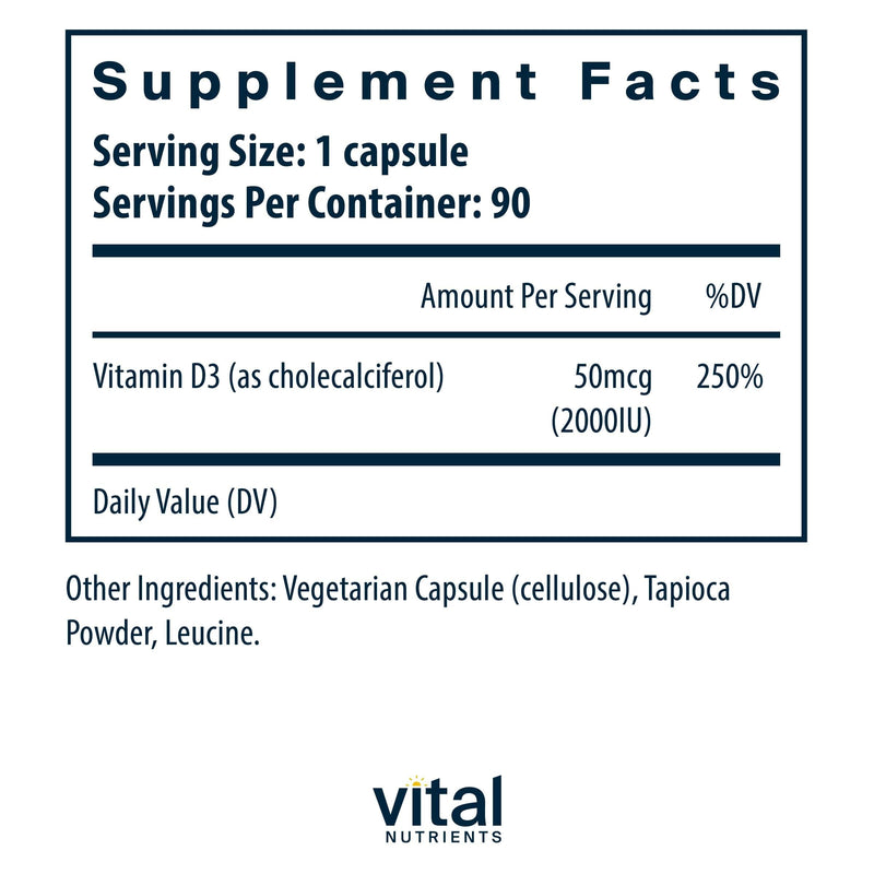 Vital Nutrients Vitamin D 2000 IU - Vitamin D3 Supplement - Healthy Bones, Teeth, Muscles*- Cellular & Immune Function - Calcium Absorption - Gluten, Dairy and Soy Free - 90 Capsules 90 Count (Pack of 1)
