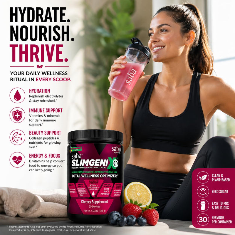 Saba SlimGenix IQ Electrolyte Powder Drink Mix – Hydration + Immune Support with Wellmune, Vitamin C & Zinc | Energy, Recovery & Daily Hydration | Berry Lemonade | 30 Servings