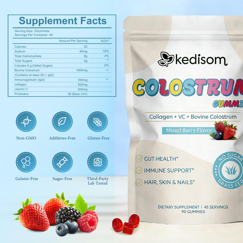 Colostrum Gummies, Grass Fed Colostrum Supplement, 90 Bovine Colostrum Gummies, 45 Servings, Mixed Berry, Sugar-Free