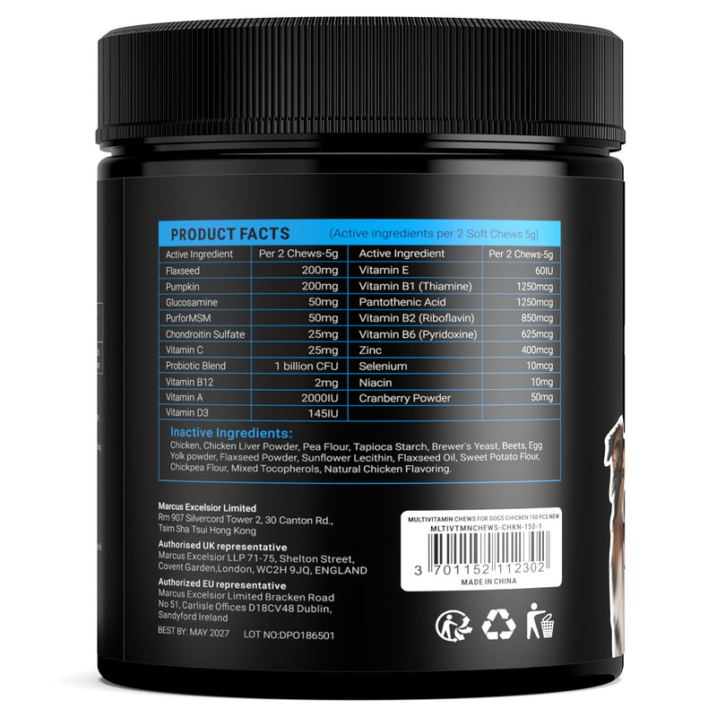 Dog Vitamins and Supplements - 150 Dog Multivitamin Chewable - Immune, Joint Support, Skin, Gut Health + Packed with Omega 3s, Glucosamine & Probiotics - Safe for Puppy - Chicken