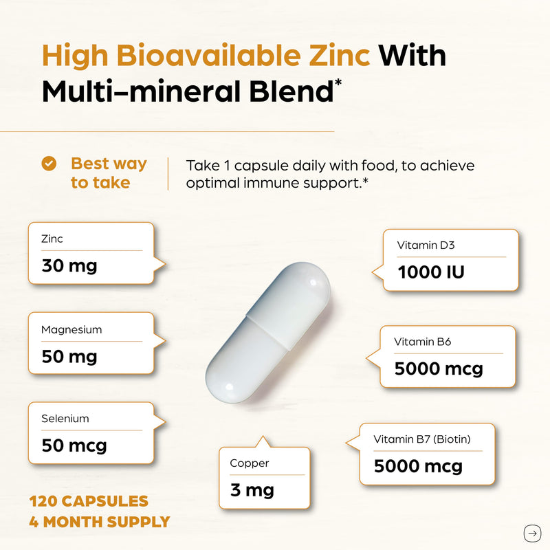 Zinc 30mg Capsules with Copper Magnesium Biotin Selenium Supplements 240 Ct | 7-in-1 Chelated Zink Complex Helps Hair Skin Nails For Men & Women Made In USA NSF-GMP Certified Facility By Sandhu Herbals 120 Count (Pack of 2) Zinc 30mg with Copper