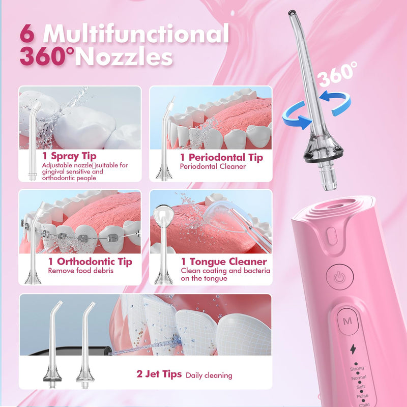 Bezvoi Water Flosser Teeth Pick: 5 Modes Cordless Water Dental Floss 300ML Portable Rechargeable IPX7 Waterproof Electric Water Flossing Cleaning Picks with 6 Jet Tips Oral Irrigator Cleaner, Pink