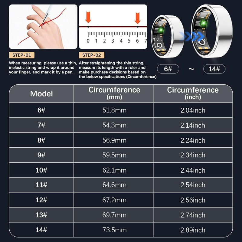 Smart Health Ring for Women Men, Fitness Tracker Ring with Heart Rate, Blood Oxygen, Sleep Tracker, Step Tracker, IP68 Waterproof Smart Ring for iphone & Android, No Subscription Fee (Silver, 7#) Silver 7#