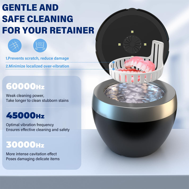Ultrasonic Retainer Cleaner, 200ML Denture Cleaner for Mouthguard, Aligner, Brace, Night Guard and Dental Appliance with 4 Modes, 45kHz Jewelry Cleaner for Rings, Dental Cleaning Pod with Basket Black - BeesActive Australia