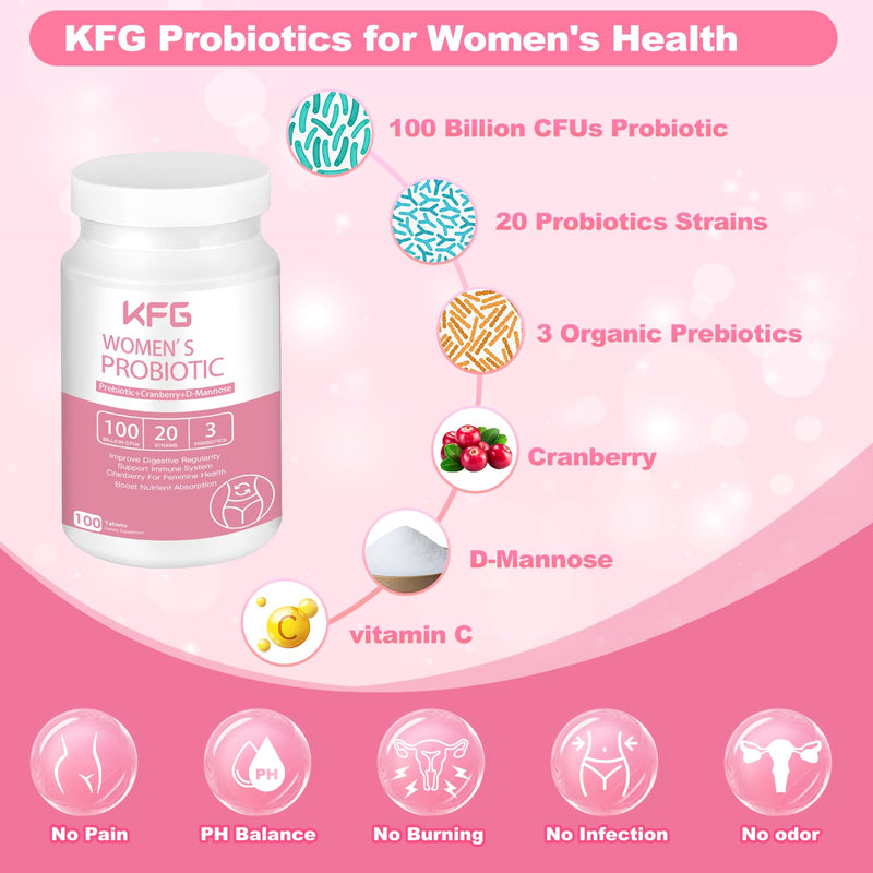 KFG Women's Probiotic, 100 Billion CFUs, 20 Strains, with Organic Prebiotics+Cranberry & D-Mannose, for Boost Immune, Digestive, Gut, Vaginal & Urinary Health, Gluten Dairy & Soy Free, 100 Tablets. - BeesActive Australia