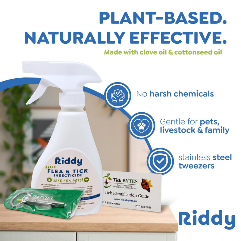 Riddy Flea and Tick Spray, 8oz, Natural Pet Treatment with Essential Oils, Non Hazardous Indoor and Outdoor Use, Includes Tick Bytes Tick Removal Tweezers Tool with Magnifier