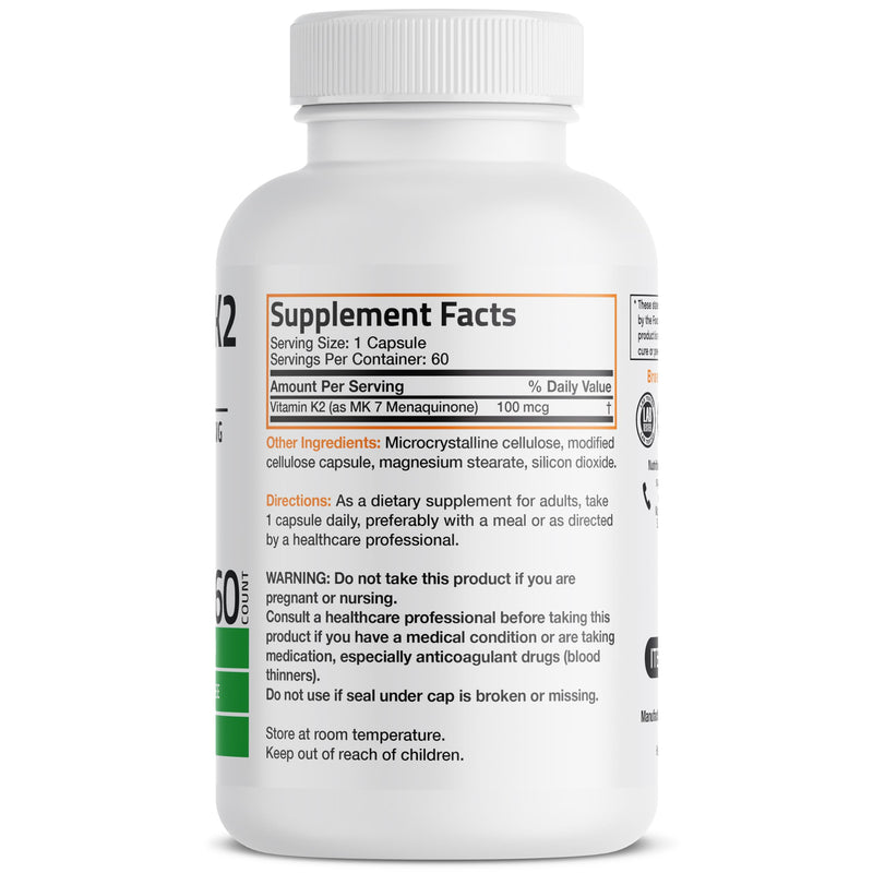 Bronson Vitamin K2 as MK-7 Menaquinone 100 mcg Non-GMO, 60 Capsules Unflavored 60 Count (Pack of 1)
