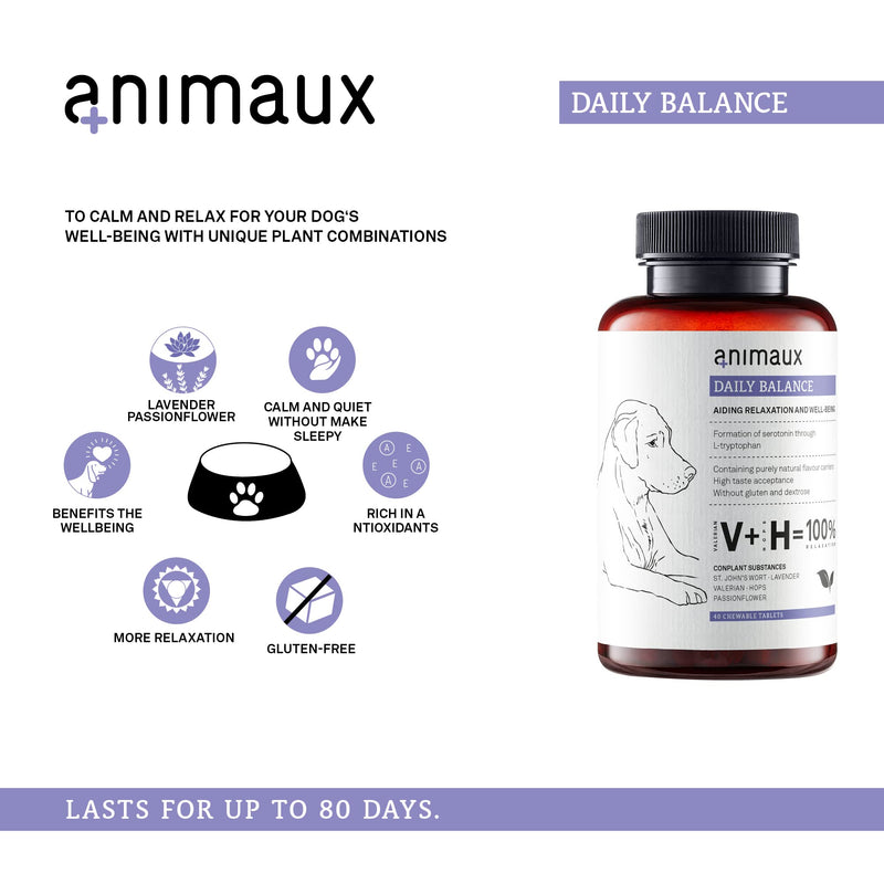 animaux Daily Balance – 40 chewable tablets – Herbal calming treats for dogs with anxiety, stress & nervousness, with Valerian, St. John's Wort & Lavender