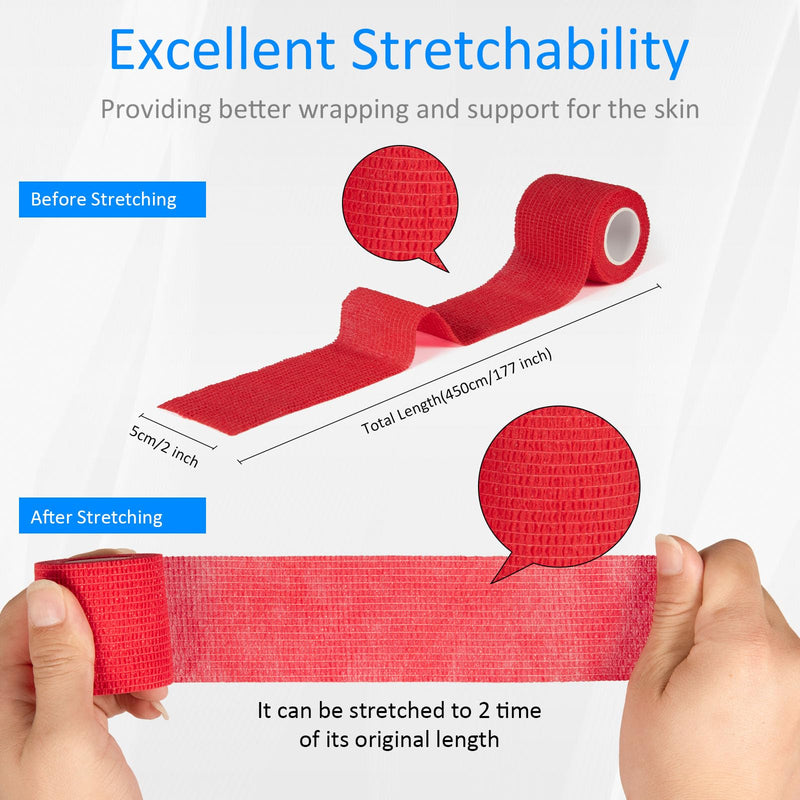 24 Pack Self Adherent Cohesive Wrap Bandages Non Woven Cohesive Bandage Elastic Self Adhesive Bandage Wrap Sports Athletic Tape First Aid Tape for Wrist Ankle Pet Vet Wrap Grip Cover 2 inch (Red) 24Pcs Red - BeesActive Australia