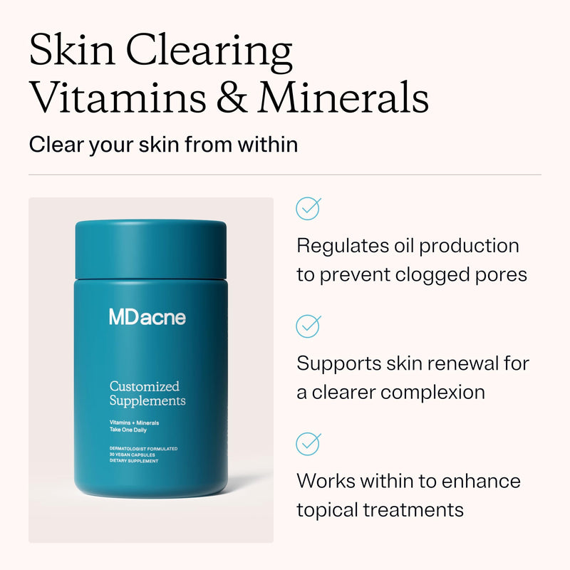 MDacne Skin Clearing Vitamins & Minerals for Acne-Prone Skin, 30 Count | Supports clear, calm skin from within; vegan, formulated & manufactured in USA in an NSF GMP-certified facility 30 Count (Pack of 1)