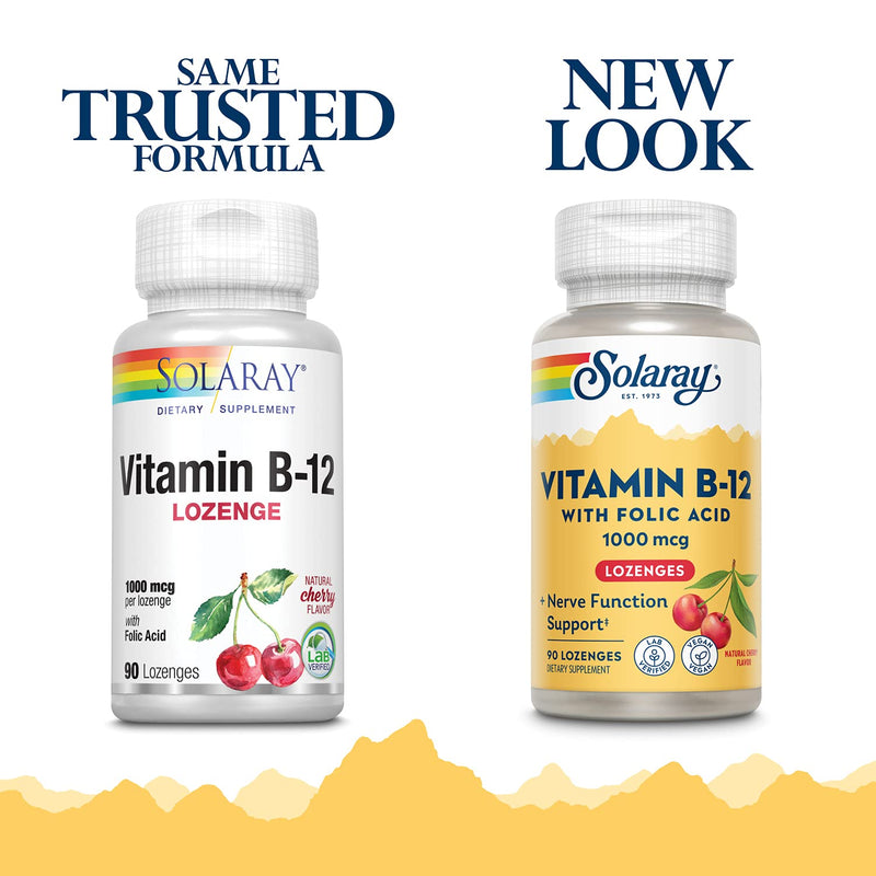 Solaray Vitamin B-12 1000mcg Lozenges, Natural Cherry Flavor, 90 Count | B12 Vitamins 1000 Mcg, Cyanocobalamin for Women & Men, B-Vitamins for Cellular Energy Support & Nerve Health