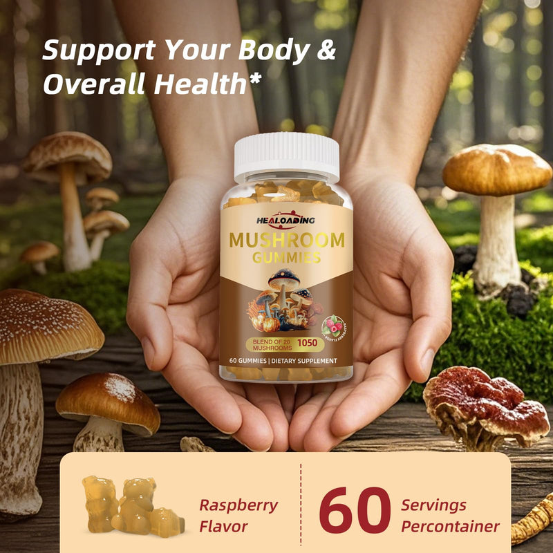 Mushroom Gummies with Lion's Mane & Cordyceps - Immune Support, Brain Health & Memory Enhancement - Vegan Mushroom Complex with Vitamin D3, B6, B9 & B12 - Focus, Energy & Cognitive Function Supplement