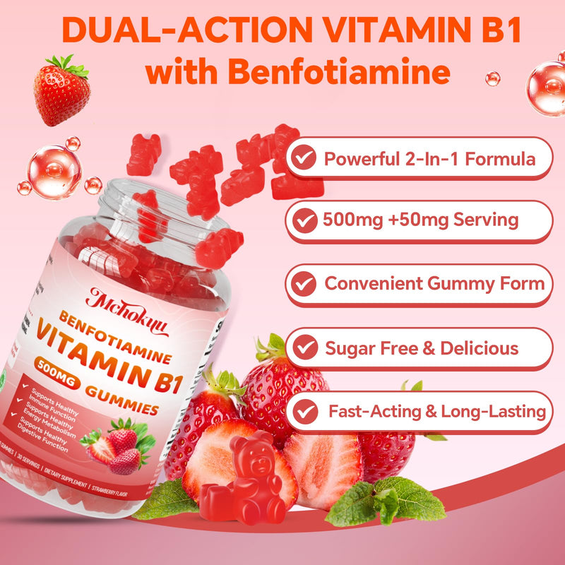 Vitamin B1 Gummies 500mg with Benfotiamine – Thiamine Supplement for Women & Men Supports Healthy Energy Metabolism & Immune, Sugar-Free | Vegan | Non-GMO, Natural Strawberry Flavor, 60 Count 60 Count (Pack of 1)