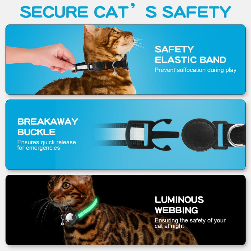 Luminous Airtag Cat Collar, Kitten Collar with Apple Airtag Case, Adjustable Airtag Collar Cat with Safety Clasp & Elastic (Black, (Cats and Puppies 23-33cm)) Black (Cats and Puppies 23-33cm) - BeesActive Australia