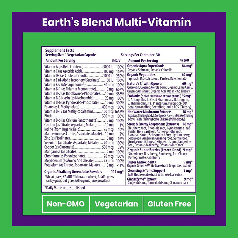 Paradise Herbs & Essentials Once Daily Multivitamin No Iron 30 Count | Vitamins A, B12, C, D and K2 with 48 organic superfoods, probiotics and antioxidants for immune support. 30 Count (Pack of 1)