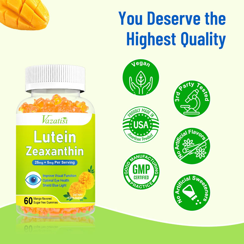 Eye Vitamins Lutein & Zeaxanthin Gummies, Sugar Free Eye Health Supplements with Bilberry, Astaxanthin - Support Blue Light, Visual Function and Macular Health - Mango Flavored, 120 Count 60 Count (Pack of 2)