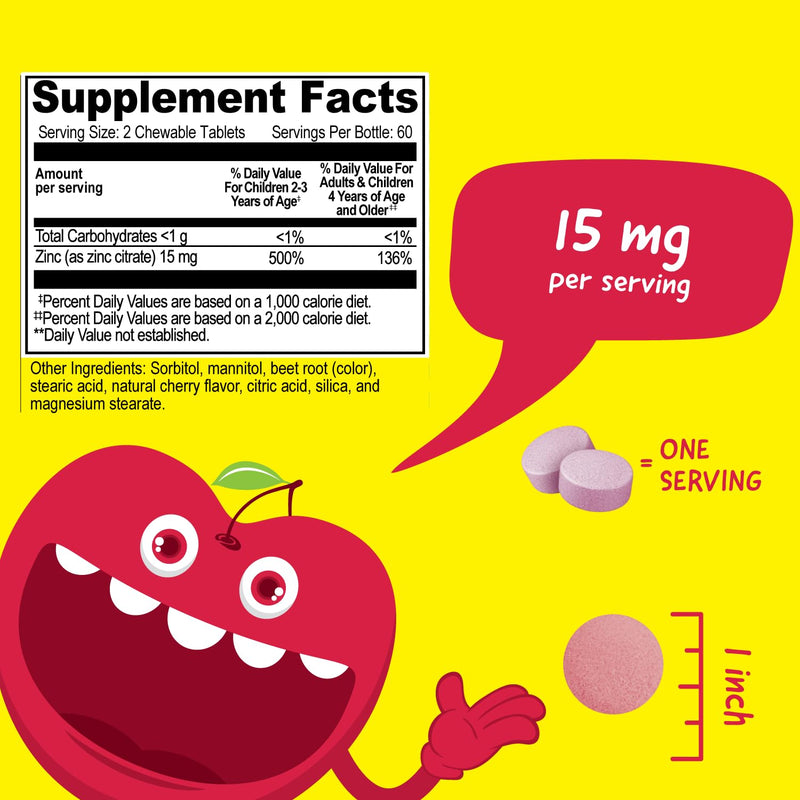 VitaWorks Kids Zinc 15mg Chewable Tablets - Natural Cherry Flavor - Vegan, Vegetarian, GMO-Free, Gluten Free, Nut Free Vitamins - Dietary Supplement for Immune Support - for Children - 120 Chewables