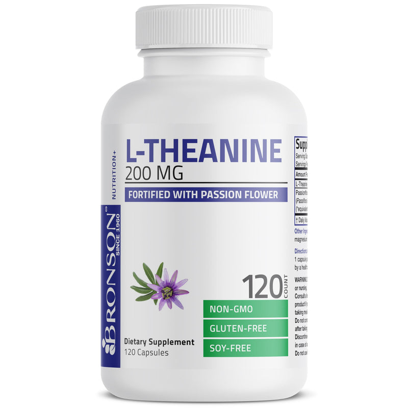 Bronson L-Theanine 200 mg with Passion Flower, Stress Support, 120 Capsules | Promotes Relaxation Without Drowsiness, Supports Healthy Mood, Non-GMO, Gluten-Free & Soy-Free 120 Count (Pack of 1)