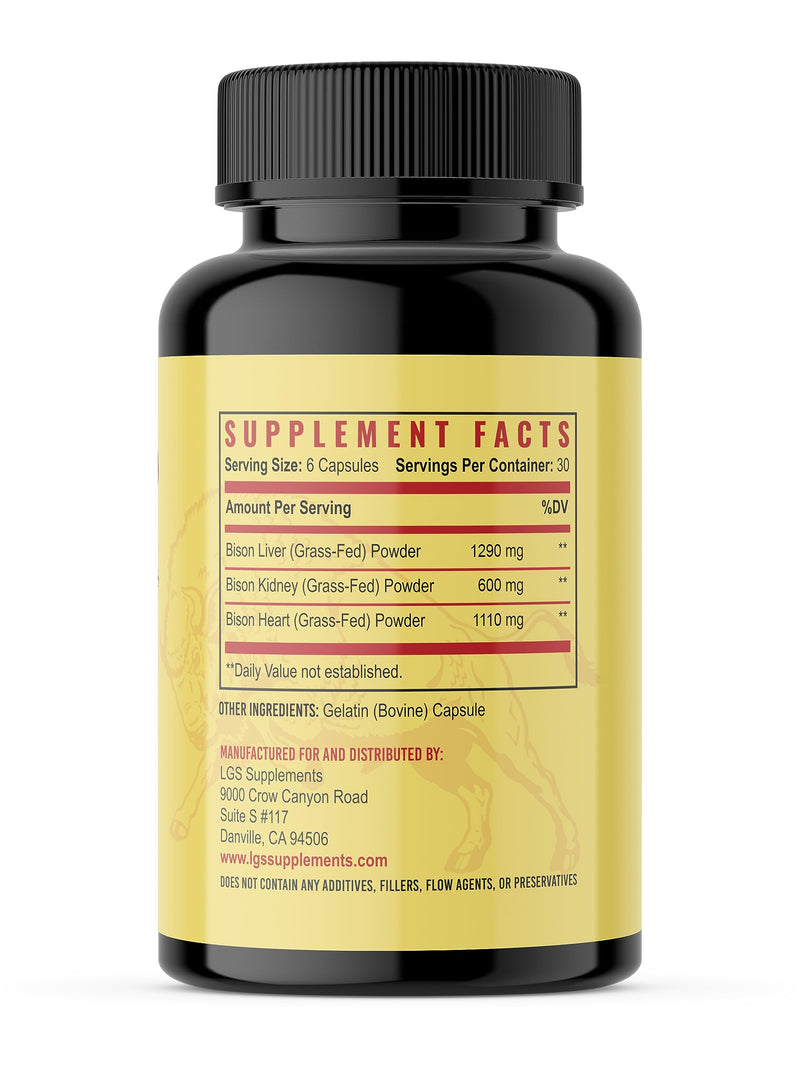Grass Fed Bison Organ Supplement, Supports Whole Body Wellness with Proprietary Blend of Liver, Heart, Kidney, Freeze-Dried Bison, Non-GMO, 180 Capsules