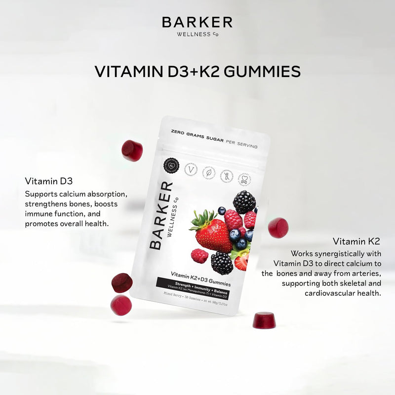Barker Wellness D3 K2 Vitamin Gummies – Max Potency 6000IU D3 + 200mcg K2 for Strong Bones, Cardiovascular Wellness, Immune Support | Vegan, Sugar-Free, Delicious Mixed Berry | 30 Servings