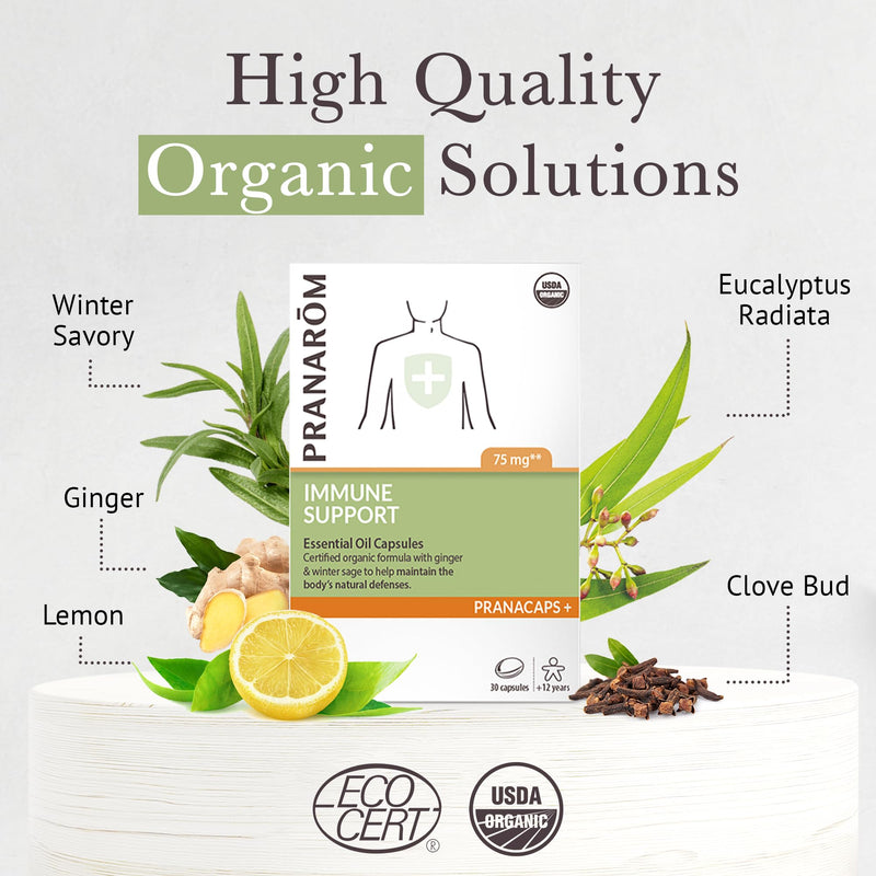 Pranarom Immune Support Pranacaps | Ginger and winter savory essential oil capsules to help maintain the body's natural defenses. Certified organic ingredients.
