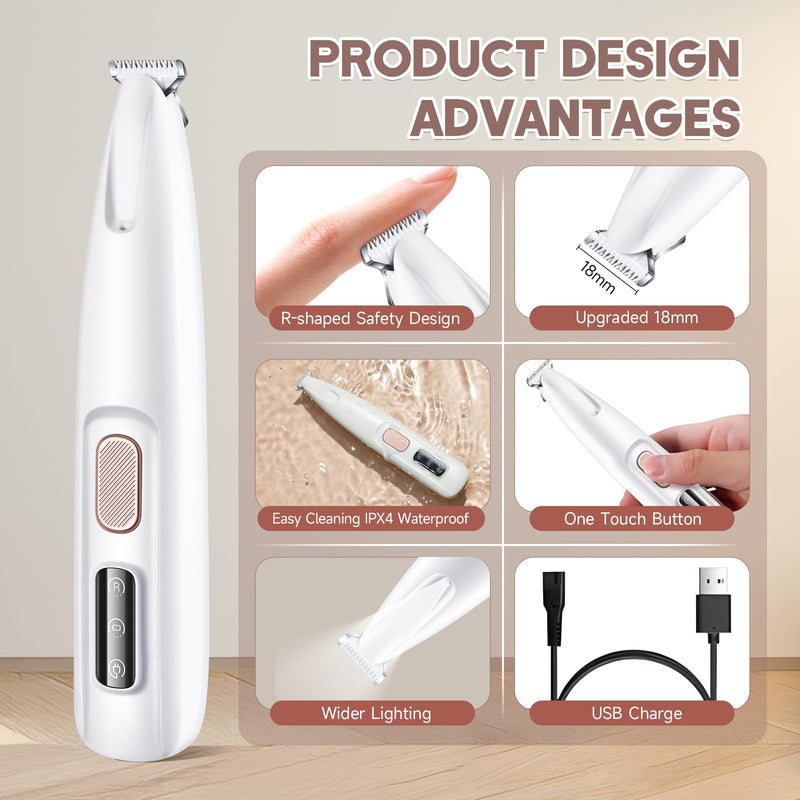 Dog Paw Trimmer with LED Light, Paw Trimmer for Dogs Electric, Pet Paws Trimmer, Pet Hair Clippers Rechargeable Low Noise, Grooming Shaver for Cat's Eyes Face Ears Feet Paws, Fully Waterproof (White) - BeesActive Australia