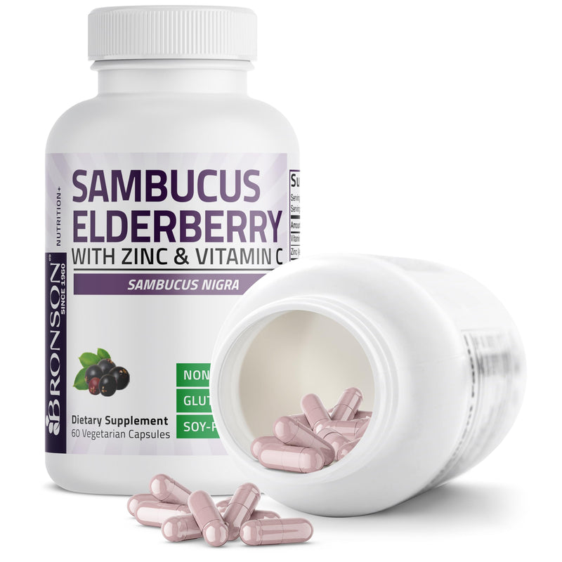 Bronson Elderberry with Zinc & Vitamin C Triple Immune Support, 60 Capsules | 125 mg Elderberry, 120 mg Vitamin C & 7 mg Zinc, Antioxidant Support, Vegetarian, Non-GMO, Gluten-Free & Soy-Free