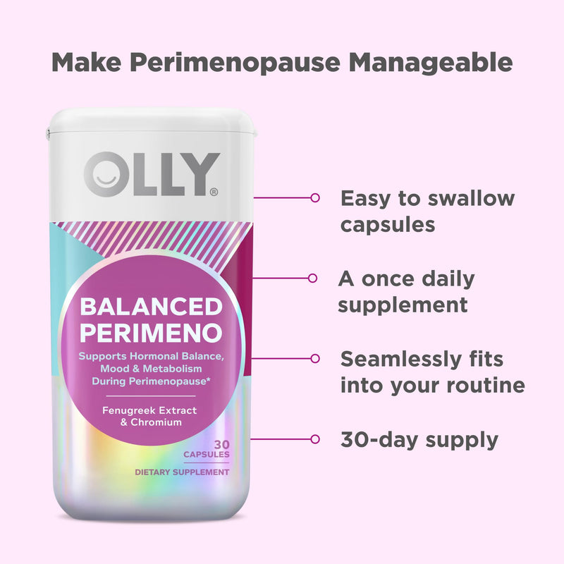 OLLY Balanced Perimeno Capsules, Supports Hormonal Balance, Mood & Metabolism During Perimenopause,* Fenugreek Extract, Chromium, 30 Day Supply - 30 Count