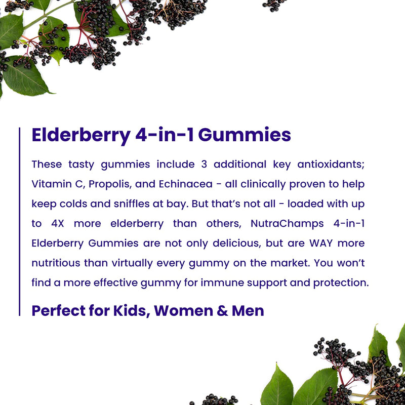 NutraChamps Elderberry Gummies with Vitamin C, Propolis & Echinacea - Immune System Support Gummy Vitamins for Adults & Kids - Max Strength 200mg Sambucus Antioxidant 60 Count (Pack of 1)
