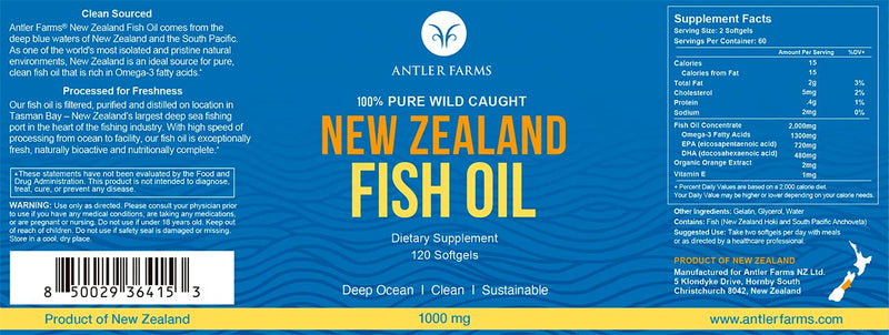 Antler Farms - 100% Pure Wild Caught New Zealand Fish Oil from Deep Ocean, Cold Water Fish, 120 Softgels - Clean, Fresh Omega-3 EPA + DHA Supplement, Keto Friendly, Super Clean | 100% Pure Fish Oil Supplement from Deep Ocean, Cold Water Fish, Clean, Fr...