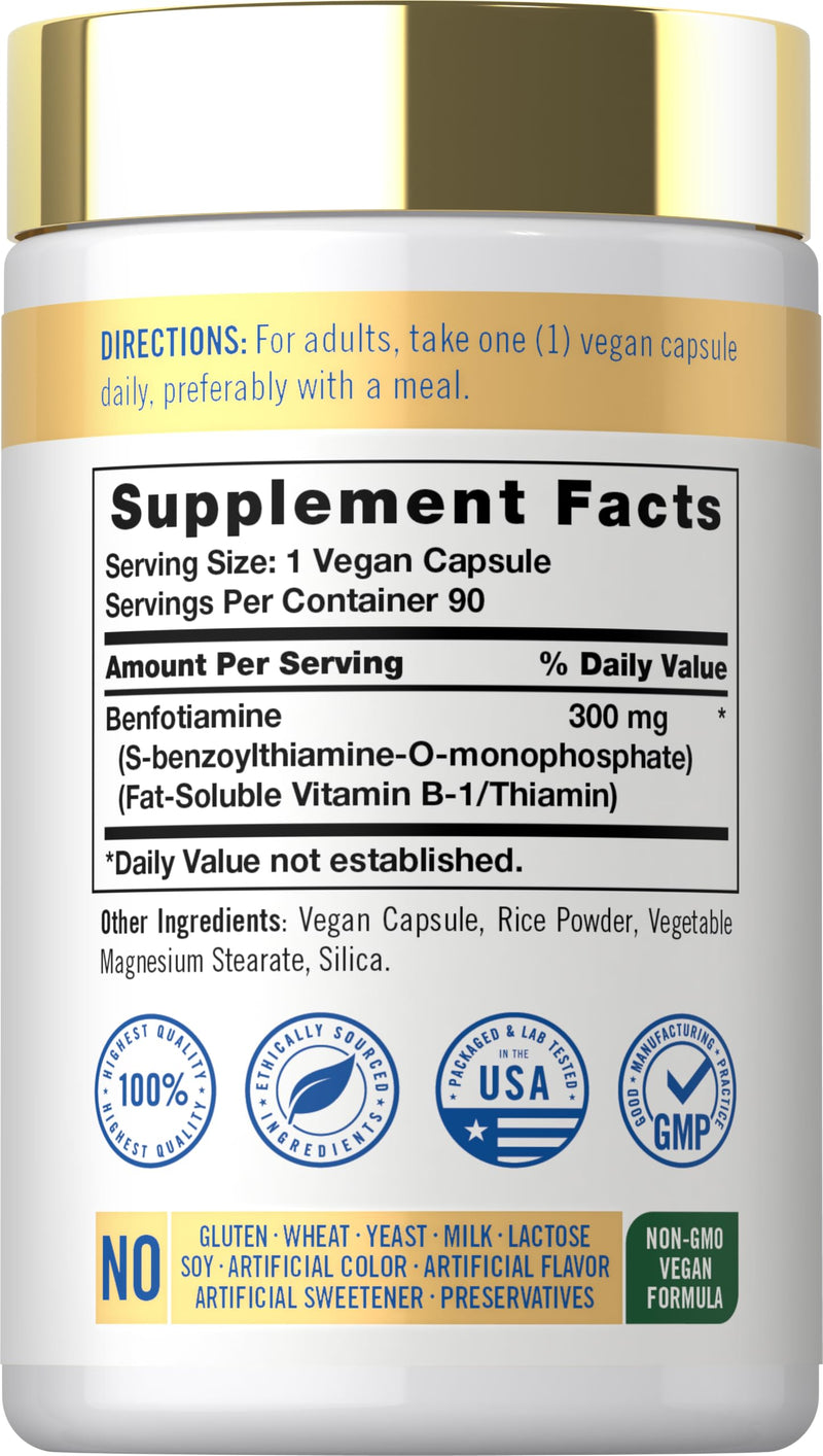 Carlyle Benfotiamine 300mg | 90 Capsules | Fat Soluble Vitamin B1 Thiamine | Vegan, Non-GMO, Gluten Free Supplement