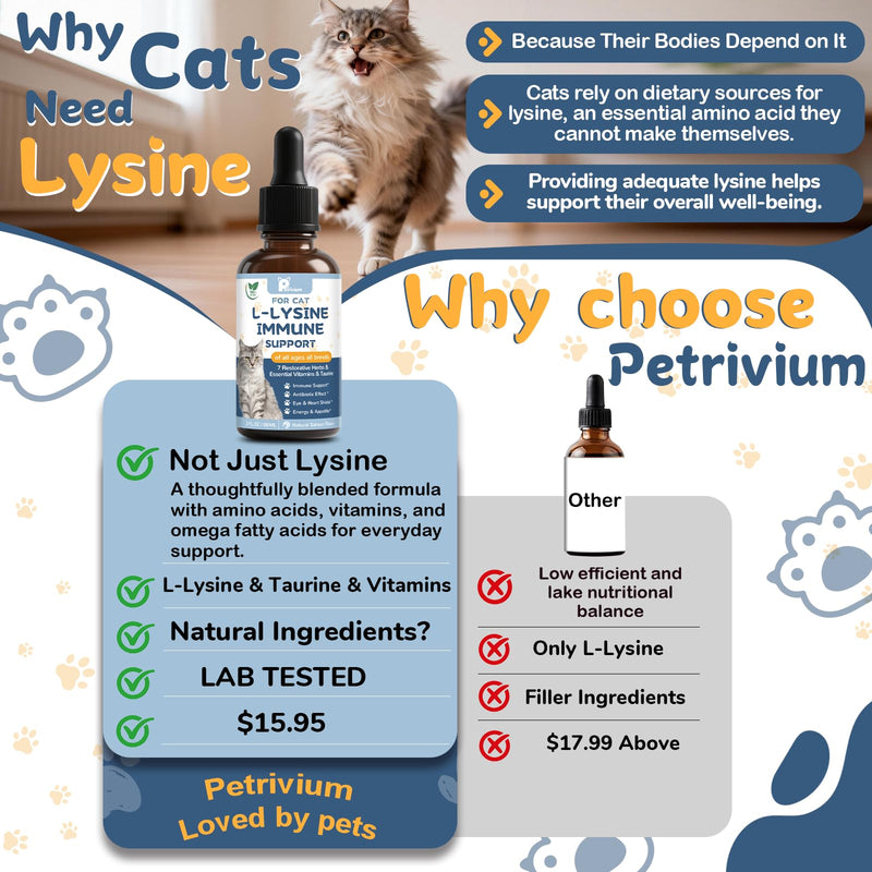 L-Lysine Supplement for Cats - Vitamins & Taurine for Immune Support & Allergy Relief - Lysine for Respiratory, Sneezing, Runny Nose, Eye Function - Natural Cat Antibiotic Drops - 60ML Slamon Flavor
