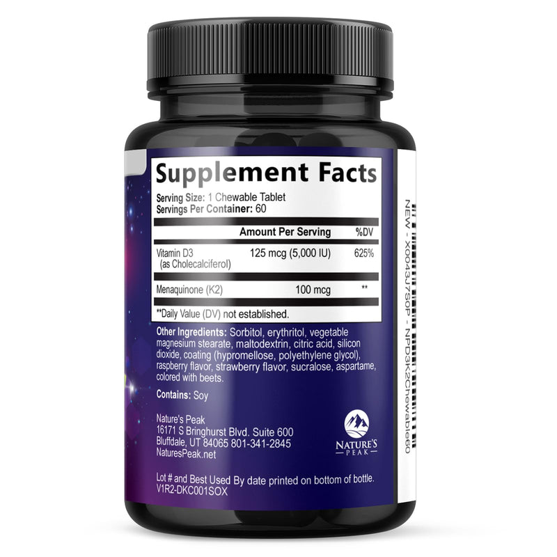 Vitamin D3 K2 - 5000 IU Vitamin D3 & 100 mcg Vitamin K2 MK-7 per Serving - Bone, Heart, & Immune Health Support - Calcium Absorption - D3K2 Berry Chew, Gluten Free, Non-GMO, Bottled USA - 60 Tablets 60 Count (Pack of 1)