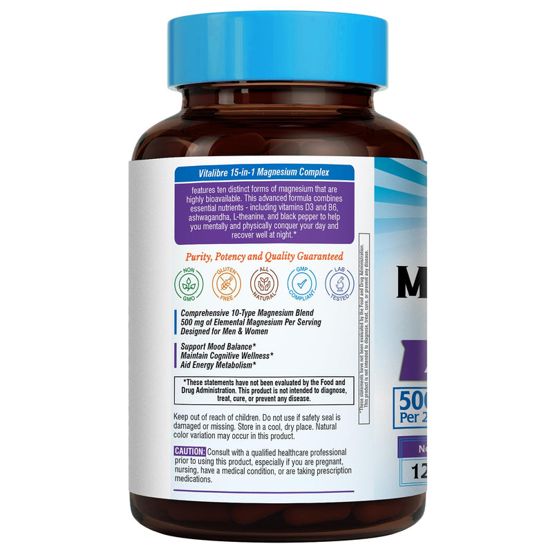 Vitalibre 15 in 1 Magnesium Complex for Women Men, 120 Vegan Capsules | Magnesium Glycinate, Malate, Taurate and More, with Ashwagandha, L-Theanine, Vitamin D3 & B6, Relaxation, Bone, Nerve Support