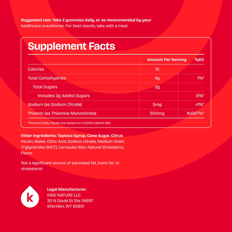 kindnature Vitamin B1 Gummies 500mg – High Potency Thiamine Supplement for Energy, Focus & Nervous System – Vegan, Non-GMO Chewable B1 Vitamins for Adults & Kids – Natural Strawberry Flavor – 60 Ct