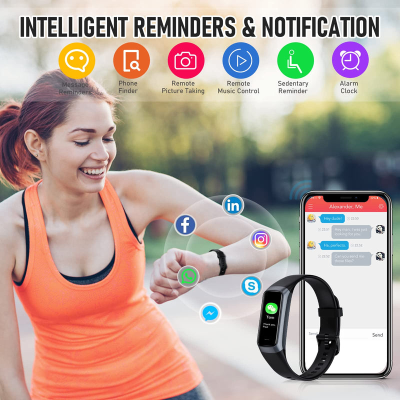Fitness Tracker, Activity Trackers with 24/7 Heart Rate, Blood Oxygen Blood Pressure Sleep Monitor, Step Counter with 1.1" AMOLED Touch Color Screen, Calorie Pedometer Health Smart Watch for Women Men black