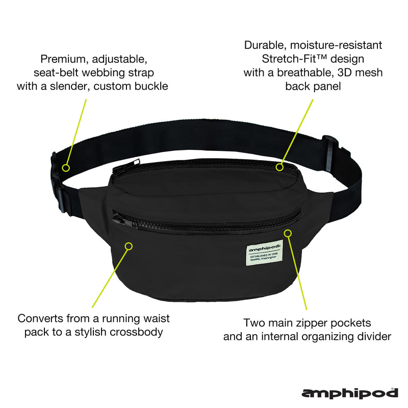 Amphipod R3 Go-About Convertible Pack, Lifestyle & Runners Storage Fanny Waist Pack for Men & Women - Noir - 1.8L