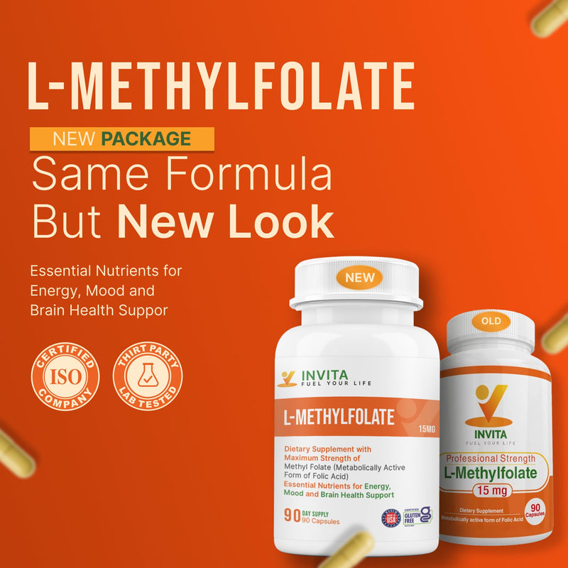 INVITA L-Methylfolate 15mg – Physician Formulated Active Methyl Folate - 5-MTHF Supplement for Energy, Mood & Brain Health Support - Non GMO, Gluten Free, 90 Capsules (3 Month Supply) 15 mg
