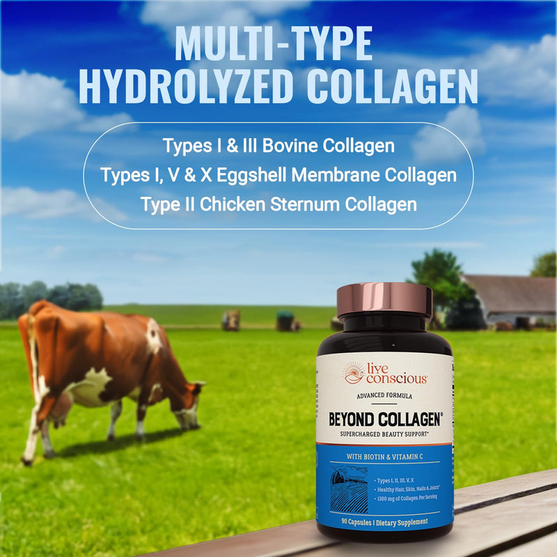 Live Conscious Beyond Collagen Multi Collagen Capsules - Types I, II, III, V & X - Hydrolyzed Blend with Biotin & Vitamin C for Hair, Skin, Nails 90 Capsules 90 Count (Pack of 1)