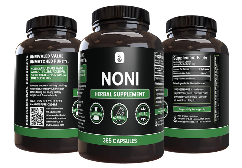PURE ORIGINAL INGREDIENTS Noni (365 Capsules) No Magnesium Or Rice Fillers, Always Pure, Lab Verified 365 Count (Pack of 1)