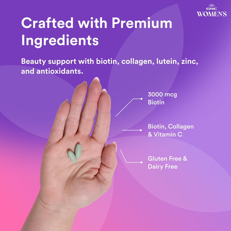 GNC Women's Hair, Skin & Nails, Nutrient Rich, 120 Count, 60 Servings | Vitamin A Supports Skin Cell Renewal, Vitamin C Aids Collagen Synthesis, Biotin Supports Hair and Nail Strength, Gluten-Free
