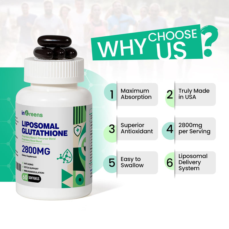 inGreens 2800 MG Liposomal Glutathione Supplement | Detoxifying & Immune, Aging Defense, Energy, Glutathione Unique Formulation Reduced