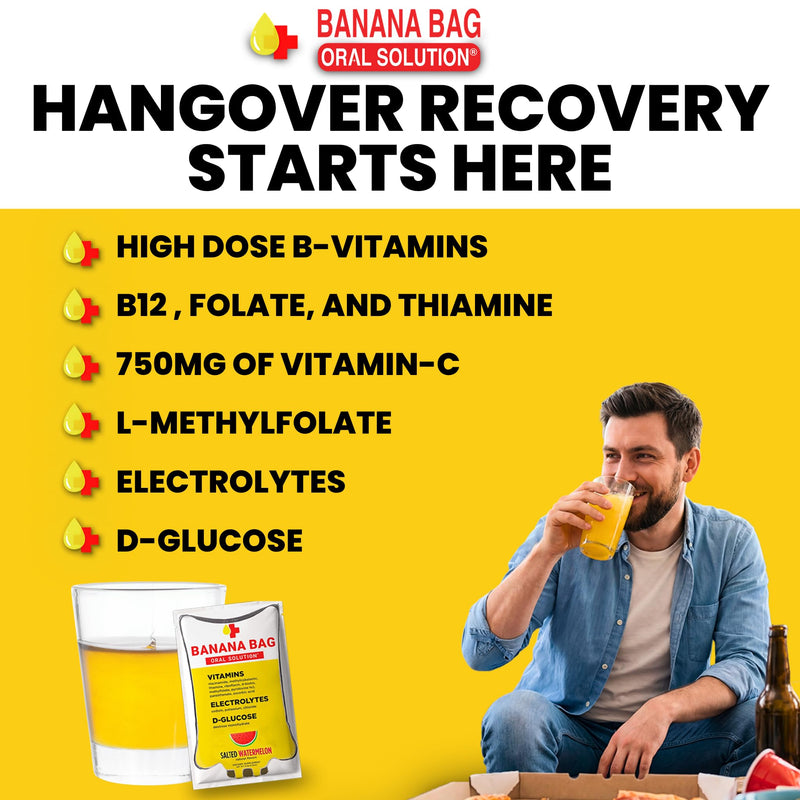 Banana Bag Electrolytes Vitamin Powder Drink Mix, Salted Watermelon 30 Pk | IV-level hydration powder packets w/ Electrolytes + Vitamin C & B-complex. Fast rehydration after exercise & alcohol recovery
