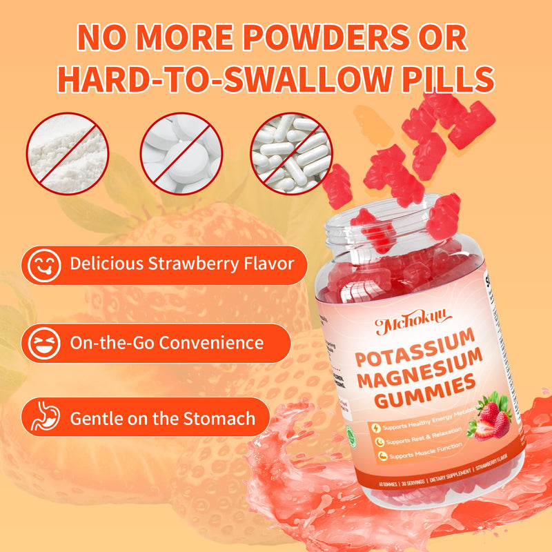 Potassium Magnesium Gummies – High Absorption Magnesium Glycinate – Magnesium Potassium Supplement Gummies with Vitamin B6, D3, B12 for Muscle Support, Sugar-Free Strawberry Flavor, 60 Count 60 Count (Pack of 1)