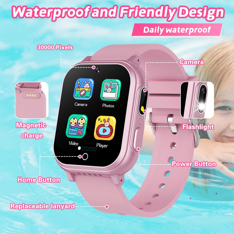 Cosjoype Kids Waterproof Smart Watch, 32 Games HD Touchscreen Kids Watch with Dual Camera Video Music Player Pedometer Flashlight 12/24 hr Christmas Birthday Gifts for Girls Ages 4 5 6 7 8 9 10 Pink - BeesActive Australia