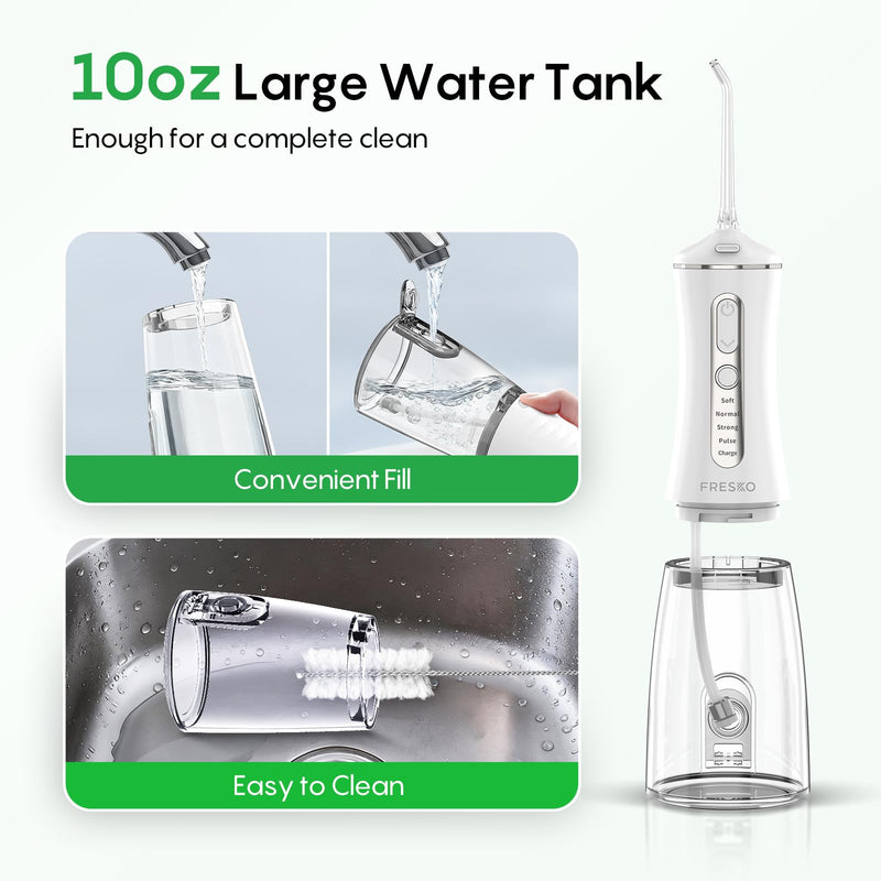 FRESKO Water Flosser with High Pulse & Constant Pressure Tech, Rechargable Oral Irrigator wih 10oz Water Tank, 2600mAh, IPX7, 4 Modes & 5 Tips for Travel