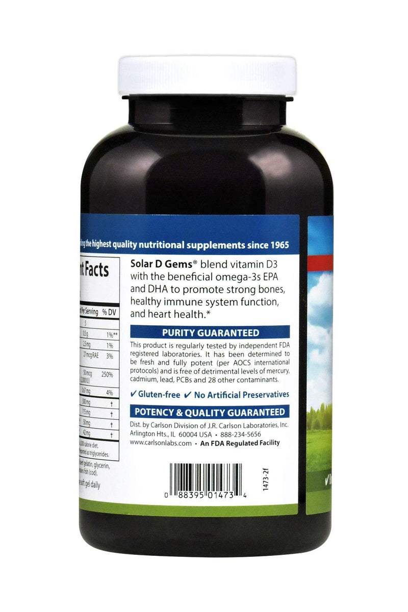 Carlson - Solar D Gems, Vitamin D3 and Omega-3 Supplement, 2000 IU Vitamin D3, 115 mg Omega-3s EPA and DHA, Vitamin D Fish Oil Capsule, Bone & Immune Health, Vitamin D Supplement, Lemon, 360 Softgels 360 Count (Pack of 1)