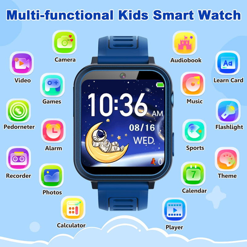 Smart Watch for Kids Boys Gift Age 3-12 with 39 Games Camera Video Alarm Clock Music Pedometer Flashlight 12/24 hr HD Touch Screen Kids Watch Birthday Toys for Boys Ages 4 5 6 7 8 9 10(Blue) Blue